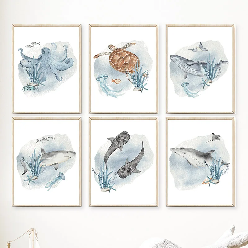 Baby Nursery Animal Pictures - Pósteres e impresiones de ballena, pez,