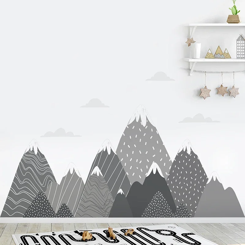 Baby Nursery Mural Wallpaper - Papel pintado de montañas grises bohemio,
