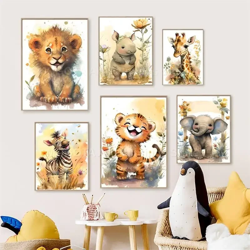 Baby Nursery Animal Pictures - Acuarela León jirafa Tigre elefante cebra