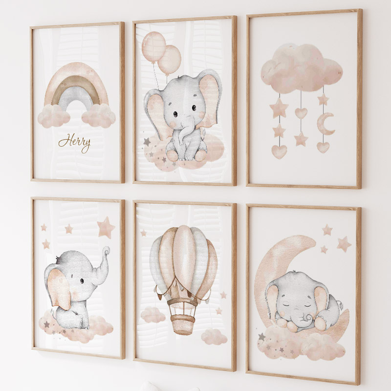Baby Nursery Animal Pictures - Lindo elefante globo caliente Luna Arco