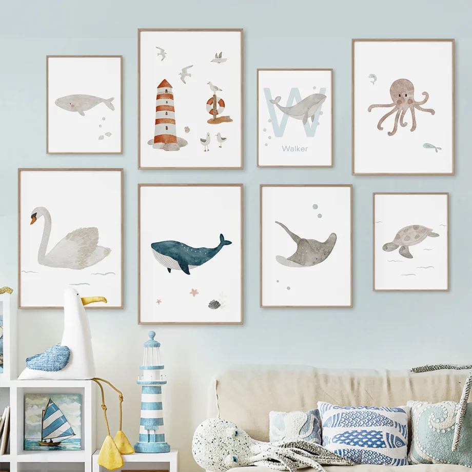 Baby Nursery Animal Pictures - Nombre personalizado ballena pulpo tortuga Cisne