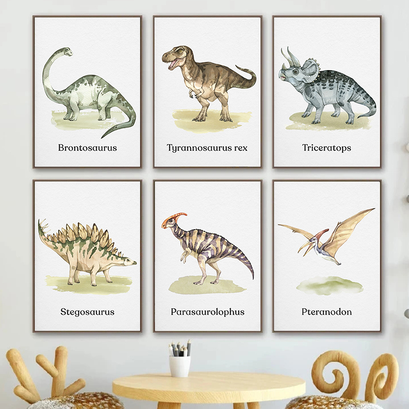 Baby Nursery Animal Pictures - Póster de dinosaurio de acuarela, decoración